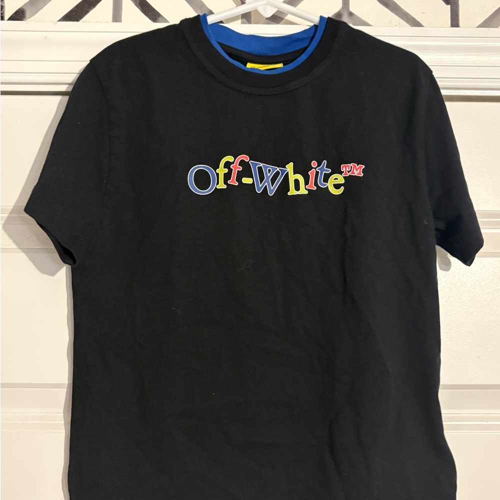 Off-White Black Short Sleeve Tee with Multicolored Logo